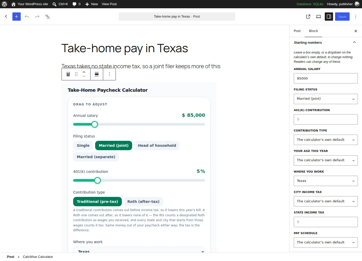 The block sidebar's Starting numbers panel on the paycheck calculator, with annual salary 85000 typed in, filing status set to Married (joint) and Where you work set to Texas. The preview beside it shows the calculator already on those settings.